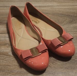 Salvatore Ferragamo Classic Patent Leather Coral Ballet Bow Flats